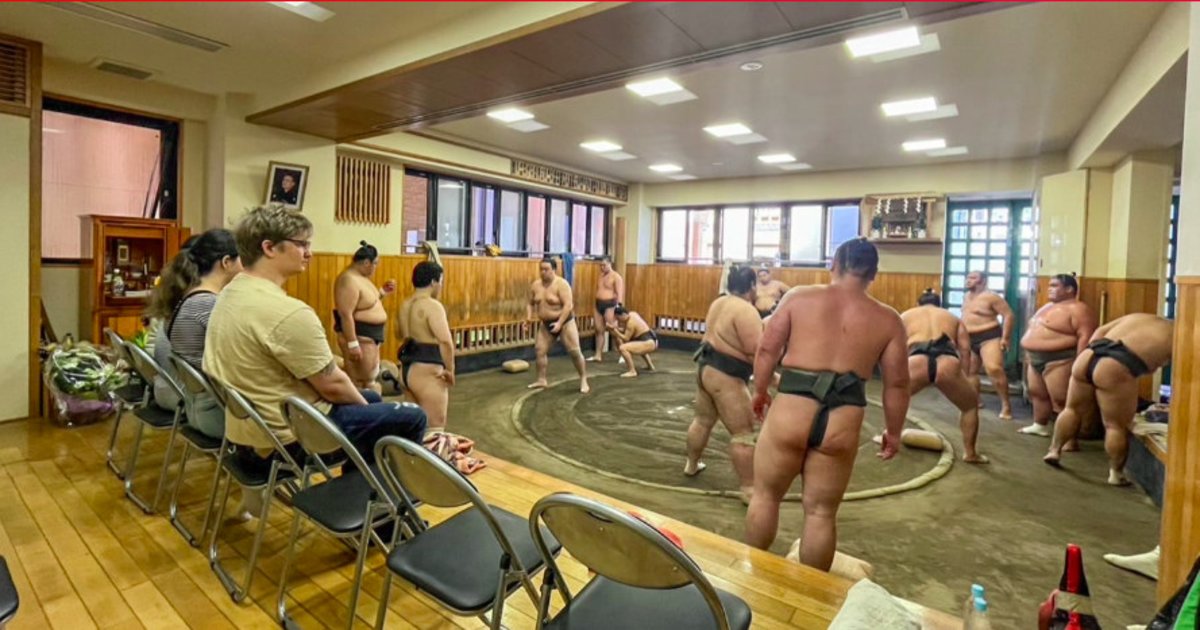 Sumo morning practice tour at Kiyosumi Shirakawa with ring-side seats